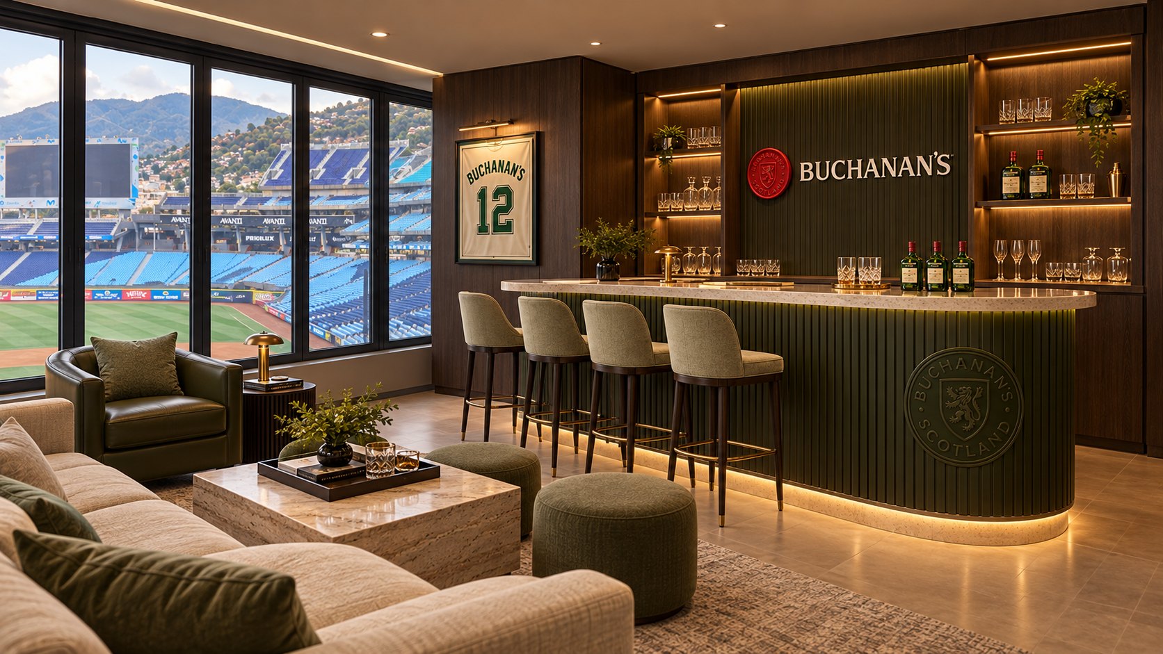 Barra del palco Buchanan's con la camiseta Buchanan's 12 enmarcada y vista a las gradas